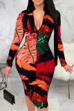 Red Sexy Print Patchwork Zipper Zipper Collar Wrapped Skirt Dresses