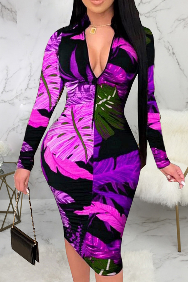 Purple Sexy Print Patchwork Zipper Zipper Collar Wrapped Skirt Dresses