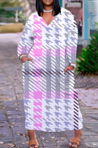 Pink Casual Print Basic V Neck Long Plus Size Dresses