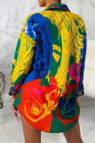 Colour Casual Print Buckle Patchwork Turndown Collar Shirt Dresses