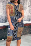 Multicolor Casual Street Faux Denim Print Contrast Printed Short Sleeve Dress