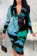 Green Sexy Print Patchwork Zipper Zipper Collar Wrapped Skirt Dresses
