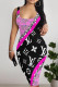 Multicolor Sexy Print Patchwork U Neck Wrapped Skirt Dresses