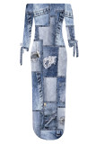 Baby Blue Sexy Street Faux Denim Print Lace Up Slit Off Shoulder Printed Dresses