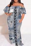 The cowboy blue Casual Faux Denim Print Patchwork Off Shoulder Long Plus Size Dresses