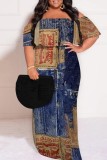 The cowboy blue Casual Faux Denim Print Patchwork Off Shoulder Long Plus Size Dresses