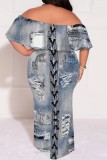 The cowboy blue Casual Faux Denim Print Patchwork Off Shoulder Long Plus Size Dresses