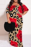 Leopard Print Casual Floral Print Patchwork Off Shoulder Long Plus Size Dresses