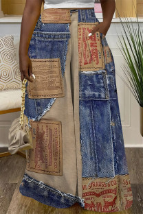 Blue Coffee Casual Street Faux Denim Print Pocket Contrast Loose High Waist Wide Leg Full Print Bottoms