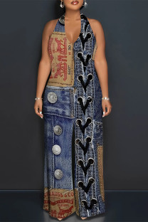 Dark Blue Sexy Street Faux Denim Print Backless Halter Loose Jumpsuits