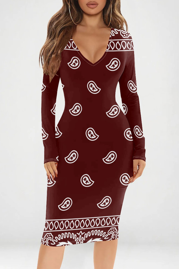 Burgundy Sexy Print Patchwork V Neck Wrapped Skirt Dresses
