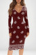 Burgundy Sexy Print Patchwork V Neck Wrapped Skirt Dresses