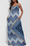 Dark Blue Sexy Street Faux Denim Print Pocket U Neck Printed Dresses