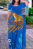 Purple Casual Print Basic O Neck Long Plus Size Dresses