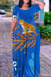 Blue Casual Print Basic O Neck Long Plus Size Dresses