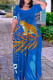 Blue Casual Print Basic O Neck Long Plus Size Dresses