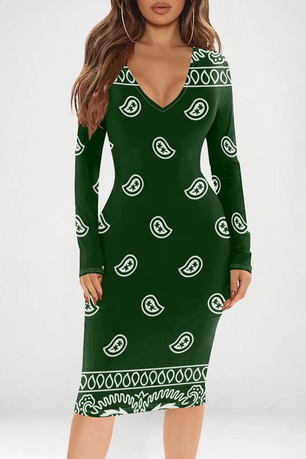 Ink Green Sexy Print Patchwork V Neck Wrapped Skirt Dresses