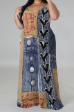 Baby Blue Casual Street Faux Denim Print Contrast V Neck Plus Size Jumpsuits(With a turban)