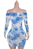 Blue Sexy Print Patchwork Backless Off Shoulder Wrapped Skirt Dresses