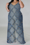 Baby Blue Casual Street Faux Denim Print Contrast V Neck Plus Size Jumpsuits(With a turban)