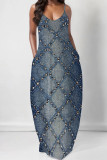 Dark Blue Sexy Street Faux Denim Print Pocket U Neck Printed Dresses