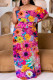 Fuchsia Casual Floral Print Patchwork Off Shoulder Long Plus Size Dresses