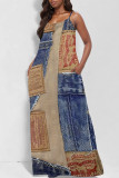 Dark Blue Sexy Street Faux Denim Print Pocket U Neck Printed Dresses