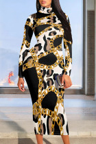 Black Brown Casual Print Patchwork Turtleneck Long Dresses