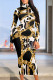 Black Brown Casual Print Patchwork Turtleneck Long Dresses