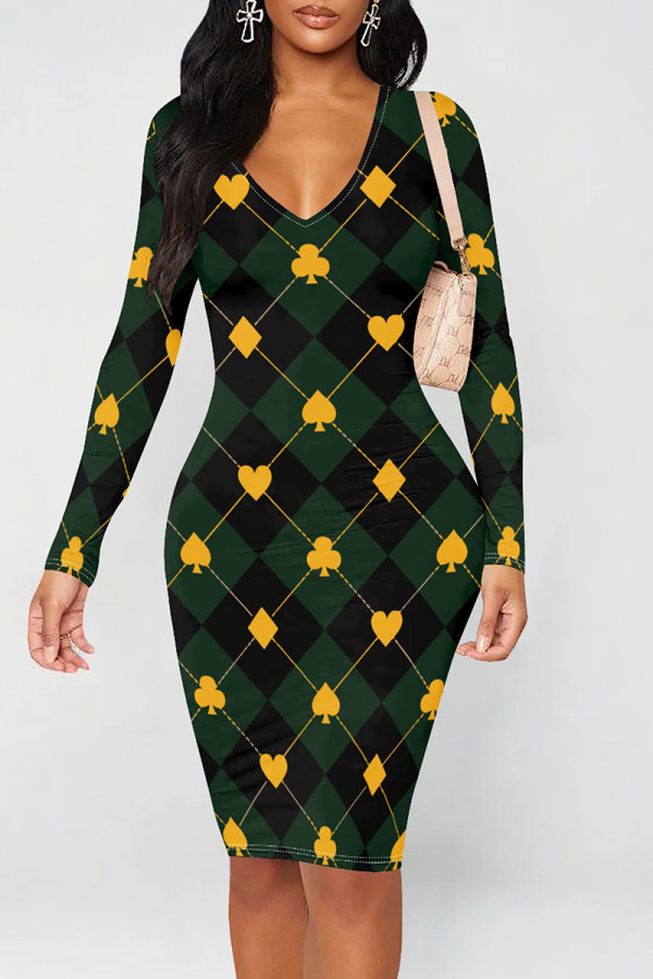 Green Sexy Print Patchwork V Neck Wrapped Skirt Dresses