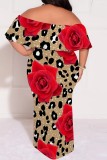 Leopard Print Casual Floral Print Patchwork Off Shoulder Long Plus Size Dresses