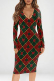 Red Casual Print Patchwork V Neck Wrapped Skirt Dresses