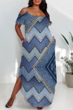 Multicolor Sexy Street Faux Denim Print Pocket Slit Contrast U Neck Printed Plus Size Dresses