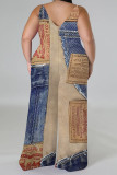 Baby Blue Casual Street Faux Denim Print Contrast V Neck Plus Size Jumpsuits(With a turban)