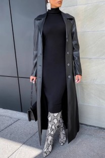 Black Casual Solid Color Buttons Turndown Collar Outerwear