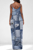Dark Blue Sexy Street Faux Denim Print Pocket U Neck Printed Dresses