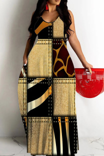 Yellow Brown Sexy Casual Print Backless Spaghetti Strap Long Dresses