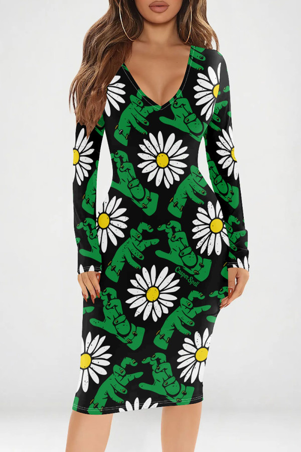 Black Green Sexy Print Patchwork V Neck Wrapped Skirt Dresses