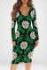 Black Green Sexy Print Patchwork V Neck Wrapped Skirt Dresses