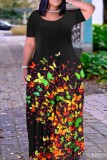 Purple Casual Print Basic O Neck Long Plus Size Dresses