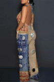 Multicolor Sexy Street Faux Denim Print Backless Halter Loose Jumpsuits