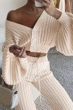 Apricot Casual Solid Color Hollow Out Buckle Patchwork V Neck Long Sleeve Two Pieces