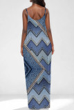 Dark Blue Sexy Street Faux Denim Print Pocket U Neck Printed Dresses