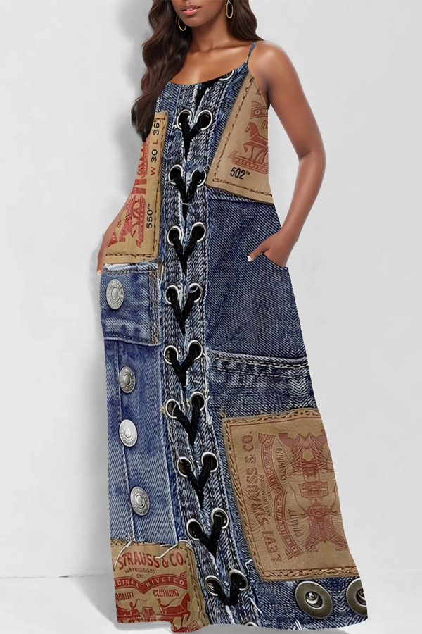 Dark Blue Sexy Street Faux Denim Print Pocket U Neck Printed Dresses