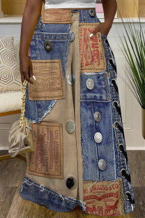 Multicolor Casual Street Faux Denim Print Pocket Contrast Loose High Waist Wide Leg Full Print Bottoms