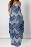 Dark Blue Sexy Street Faux Denim Print Pocket U Neck Printed Dresses