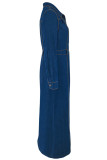 Blue Street Solid Color Buckle Patchwork High Slit Turndown Collar Long Sleeve Straight Denim Dresses