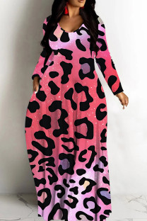 Red Casual Leopard Print Basic V Neck Long Dresses