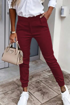 Red Street Solid Color Pocket Patchwork Regular Mid Waist Pencil Patchwork Bottoms