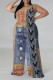 Dark Blue Casual Street Faux Denim Print Contrast V Neck Plus Size Jumpsuits(With a turban)